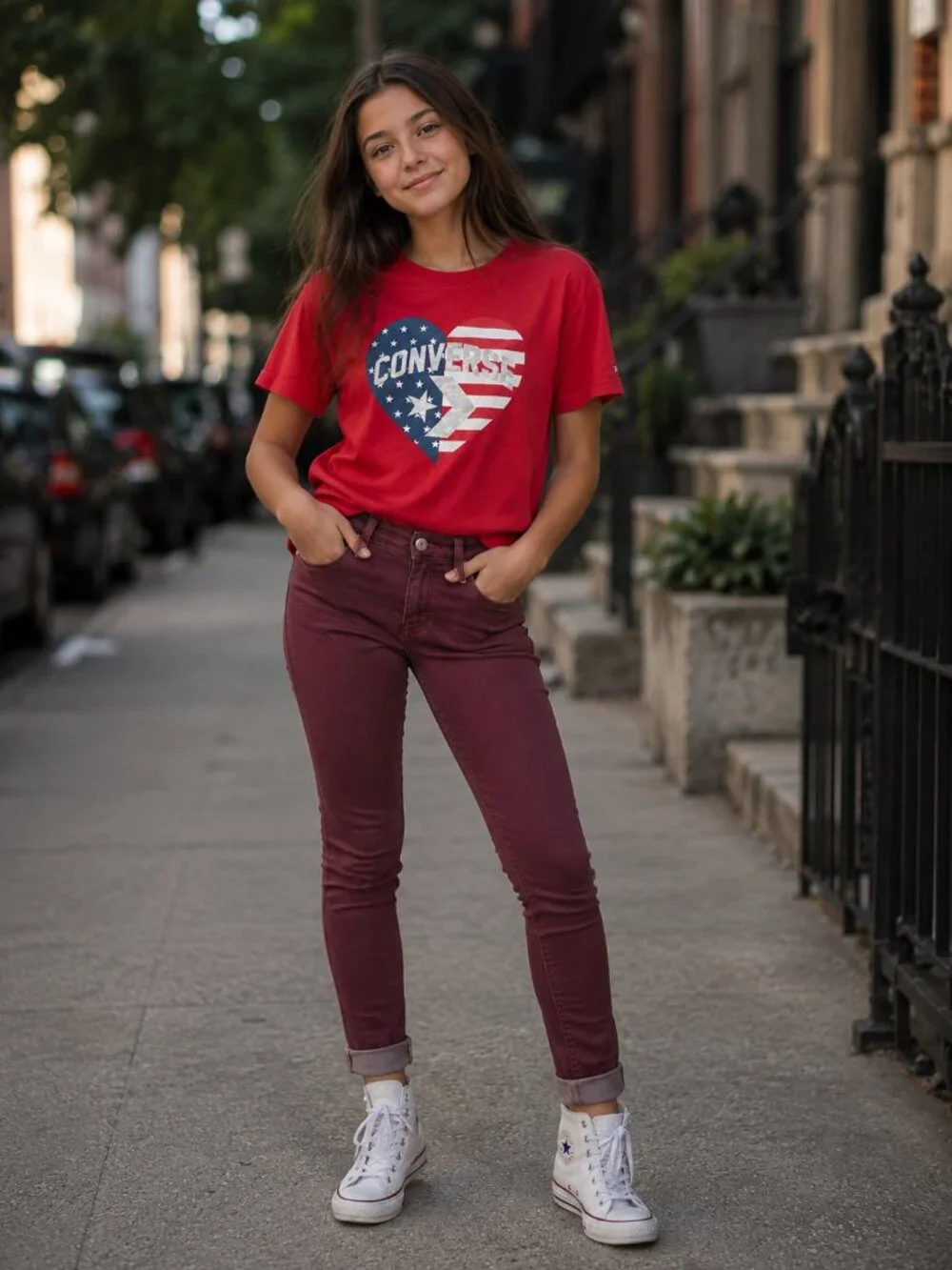 Converse Girls L 12/13 Red American Flag Heart Graphic T-Shirt Cotton